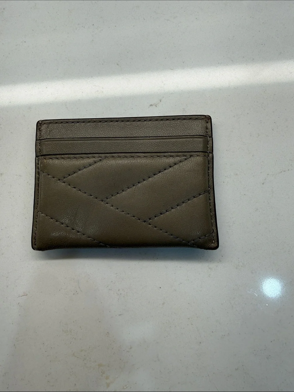 Tory Burch Quilted Leather Card Holder in Taupe with Gold Logo